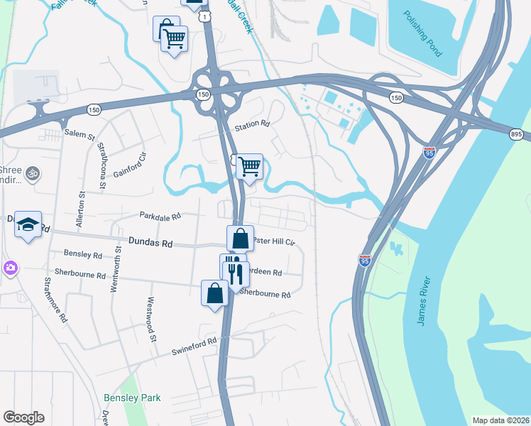 map of restaurants, bars, coffee shops, grocery stores, and more near 6305 Jefferson Davis Highway in Bensley
