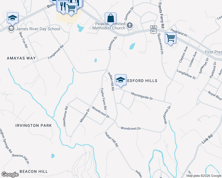 map of restaurants, bars, coffee shops, grocery stores, and more near 2120 Mimosa Drive in Lynchburg