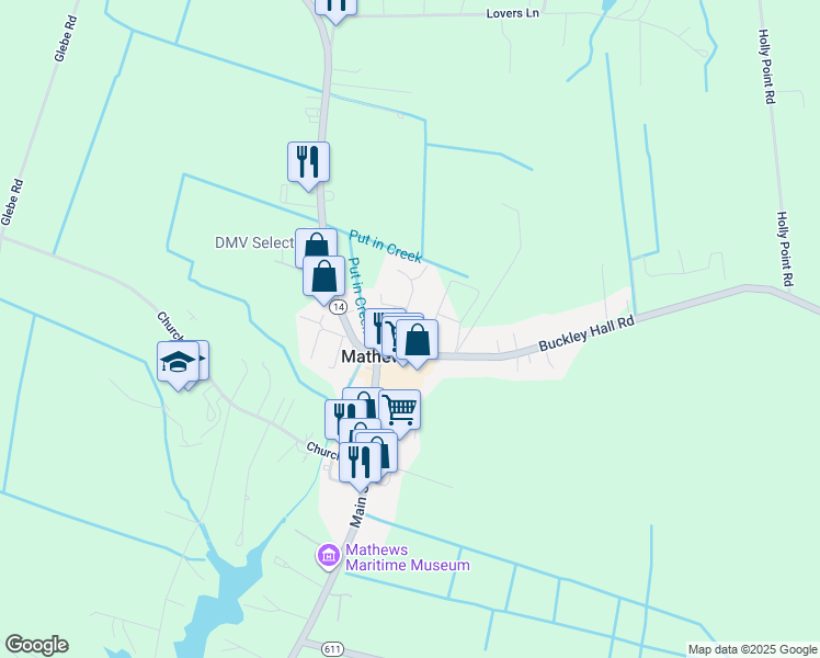 map of restaurants, bars, coffee shops, grocery stores, and more near 10993 Buckley Hall Road in Mathews