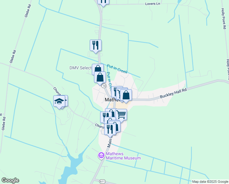 map of restaurants, bars, coffee shops, grocery stores, and more near 29 Double Cross Court in Mathews