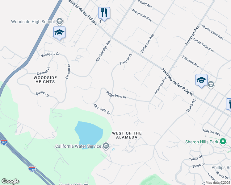 map of restaurants, bars, coffee shops, grocery stores, and more near 385 Fletcher Drive in Atherton