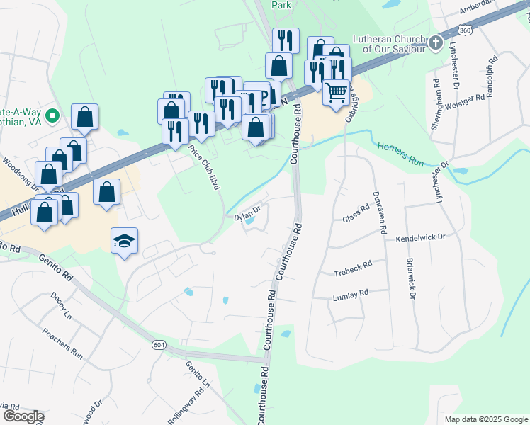 map of restaurants, bars, coffee shops, grocery stores, and more near 4030 Trisha Trail in Midlothian