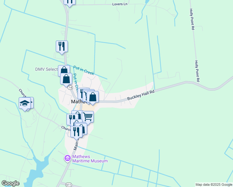 map of restaurants, bars, coffee shops, grocery stores, and more near 11179 Buckley Hall Road in Mathews