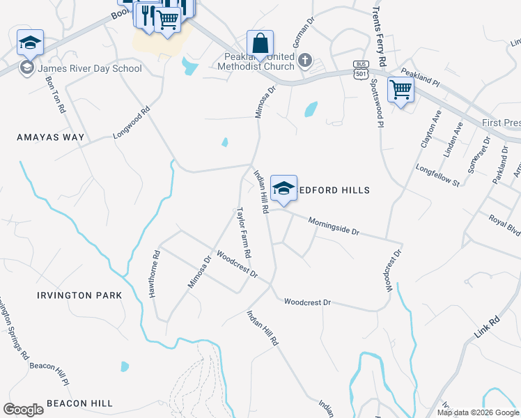 map of restaurants, bars, coffee shops, grocery stores, and more near 2120 Mimosa Drive in Lynchburg