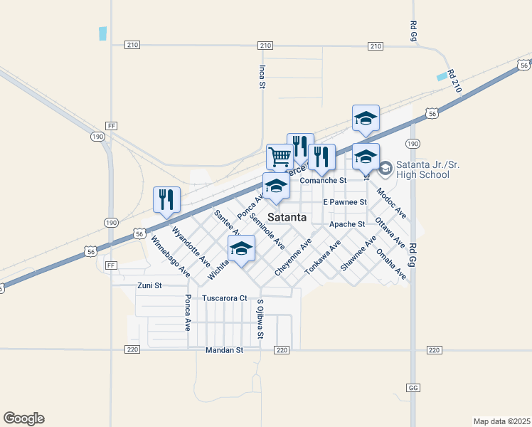 map of restaurants, bars, coffee shops, grocery stores, and more near 500 Navajo Avenue in Satanta