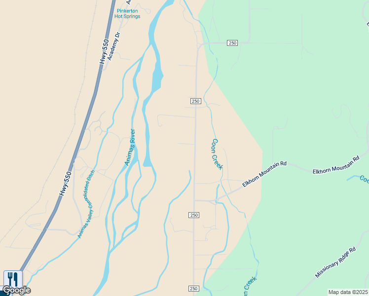 map of restaurants, bars, coffee shops, grocery stores, and more near 11029 County Road 250 in Durango