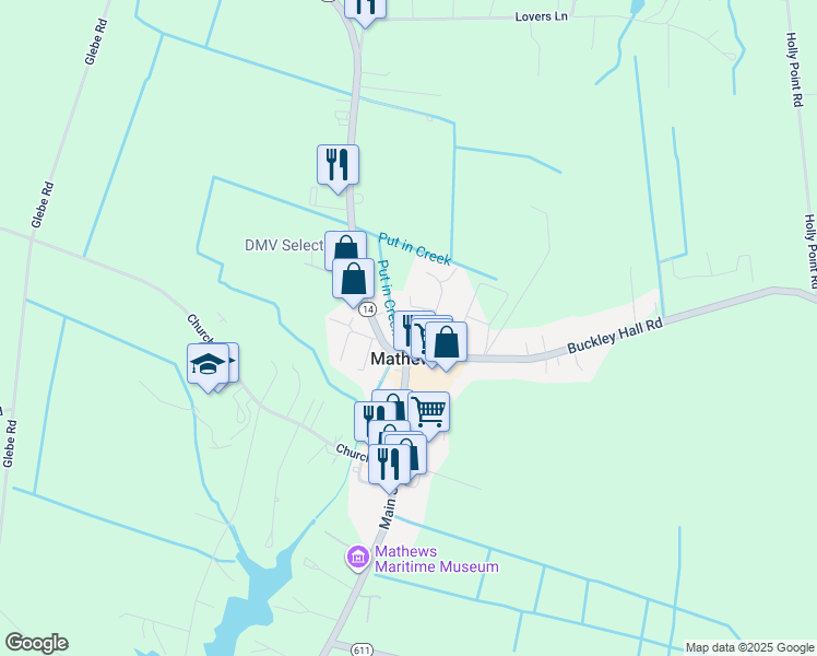 map of restaurants, bars, coffee shops, grocery stores, and more near 29 Double Cross Court in Mathews