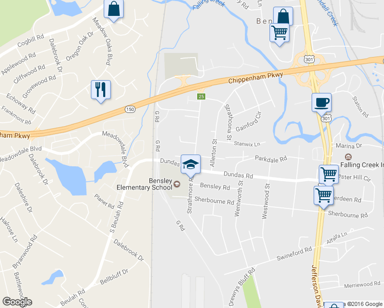 map of restaurants, bars, coffee shops, grocery stores, and more near 3106 Parkdale Road in Richmond