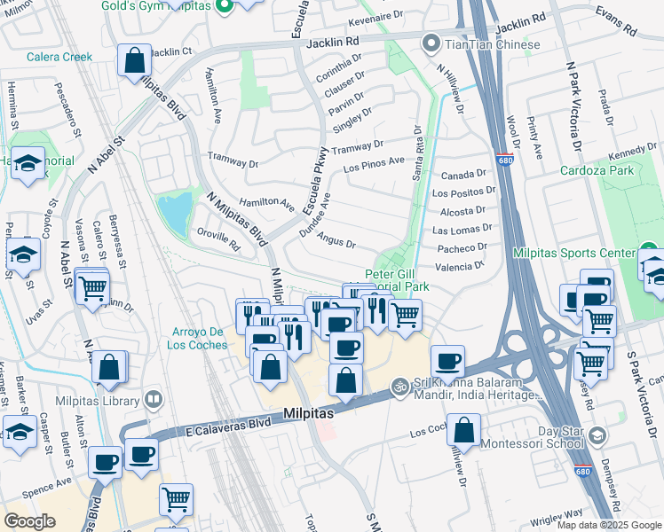map of restaurants, bars, coffee shops, grocery stores, and more near 515 Loch Lomond Court in Milpitas