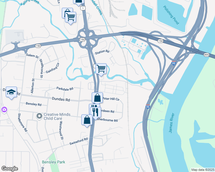 map of restaurants, bars, coffee shops, grocery stores, and more near 6305 Jefferson Davis Highway in Bensley