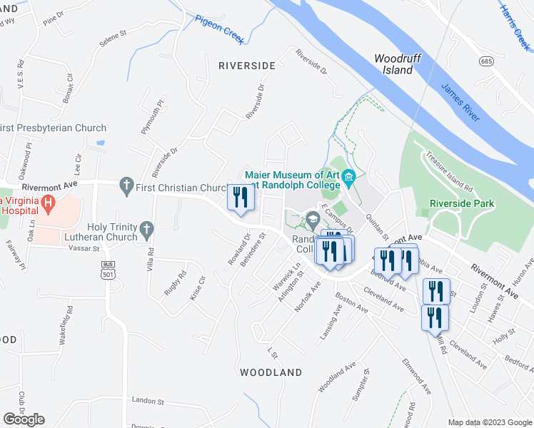 map of restaurants, bars, coffee shops, grocery stores, and more near 145 North Princeton Circle in Lynchburg