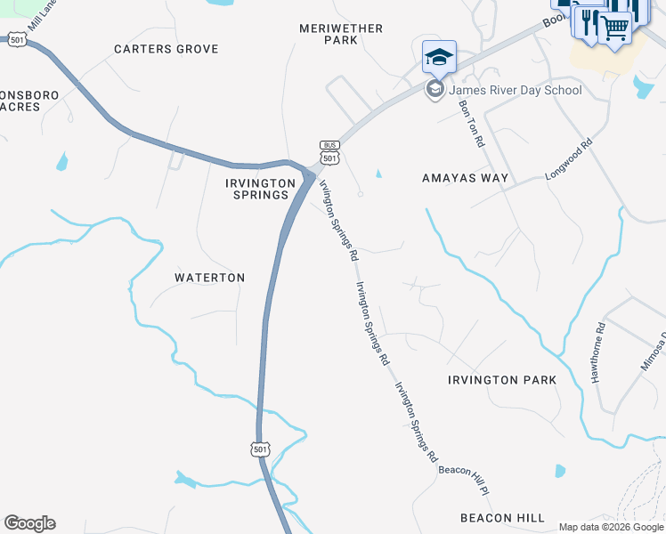 map of restaurants, bars, coffee shops, grocery stores, and more near 137 Irvington Springs Road in Lynchburg