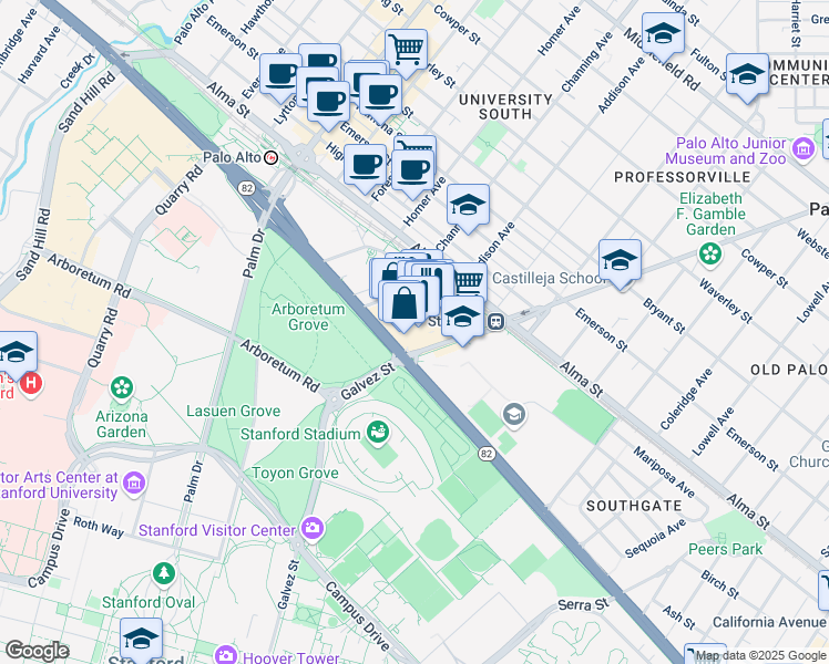 map of restaurants, bars, coffee shops, grocery stores, and more near 855 El Camino Real in Palo Alto