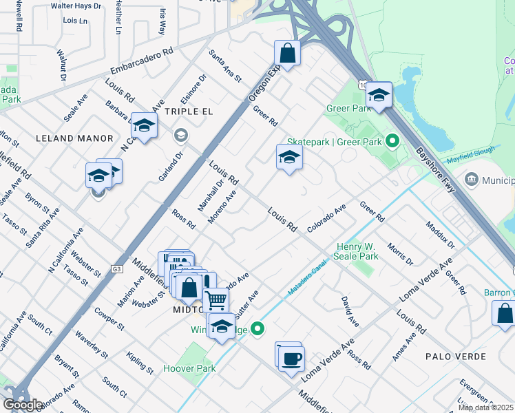 map of restaurants, bars, coffee shops, grocery stores, and more near 893 Fielding Drive in Palo Alto