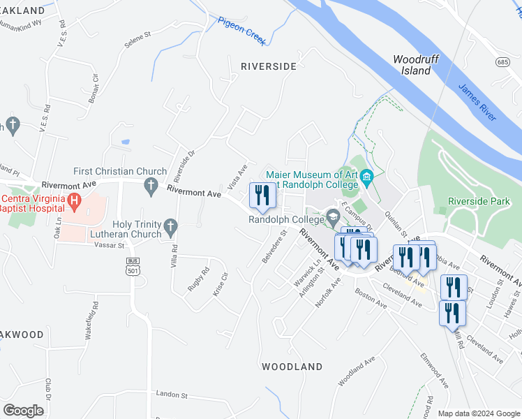 map of restaurants, bars, coffee shops, grocery stores, and more near 2934 Rivermont Avenue in Lynchburg