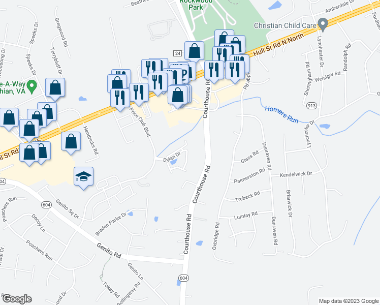 map of restaurants, bars, coffee shops, grocery stores, and more near 4017 Trisha Trail in Midlothian