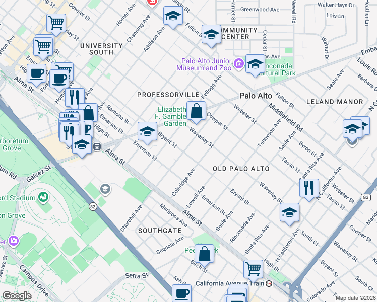 map of restaurants, bars, coffee shops, grocery stores, and more near 1501 Bryant Street in Palo Alto