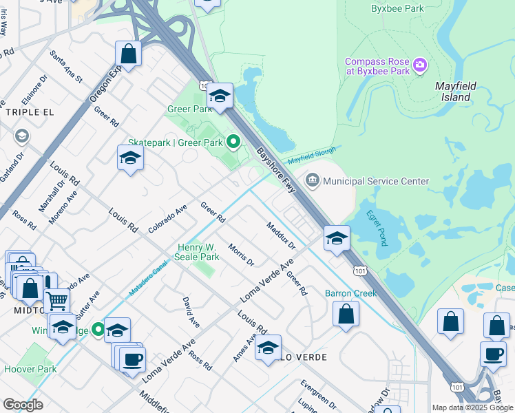 map of restaurants, bars, coffee shops, grocery stores, and more near 3117 Maddux Drive in Palo Alto