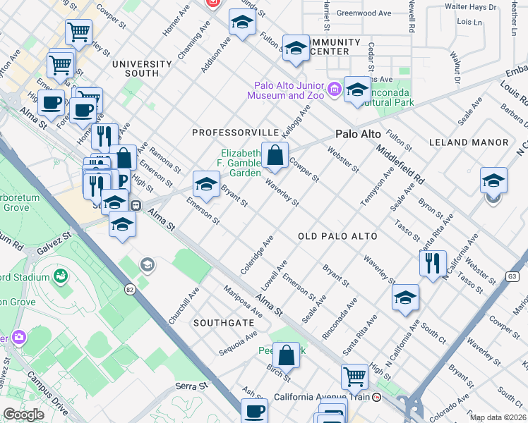 map of restaurants, bars, coffee shops, grocery stores, and more near 1501 Bryant Street in Palo Alto