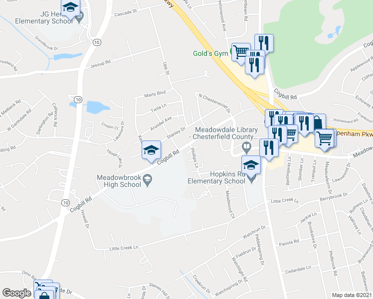map of restaurants, bars, coffee shops, grocery stores, and more near 4707 Cogbill Road in Richmond