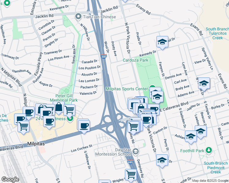 map of restaurants, bars, coffee shops, grocery stores, and more near 229 Ayer Lane in Milpitas