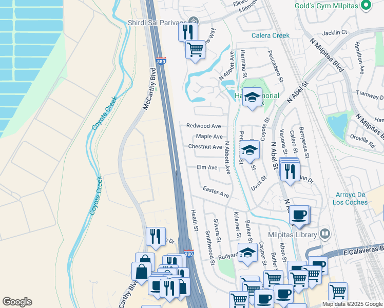 map of restaurants, bars, coffee shops, grocery stores, and more near 584 Heath Street in Milpitas
