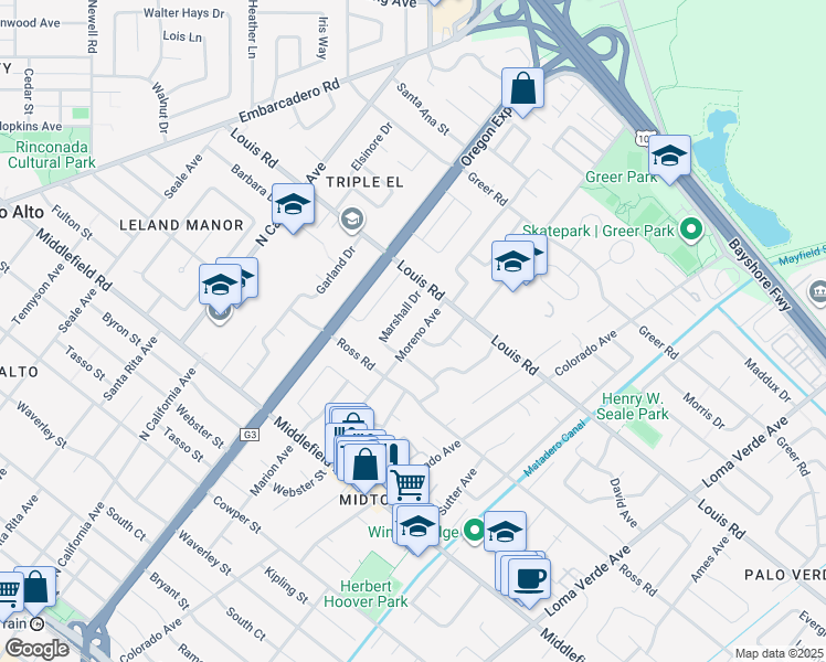 map of restaurants, bars, coffee shops, grocery stores, and more near 863 Moreno Avenue in Palo Alto