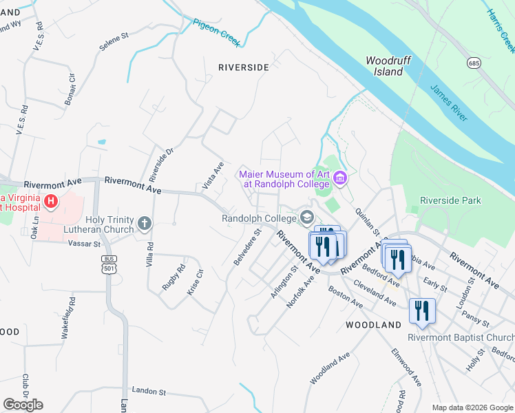 map of restaurants, bars, coffee shops, grocery stores, and more near 9 West Princeton Circle in Lynchburg