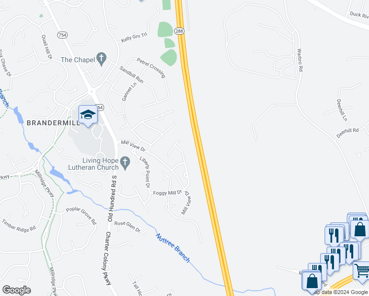 map of restaurants, bars, coffee shops, grocery stores, and more near 3807 Waterwheel Drive in Midlothian
