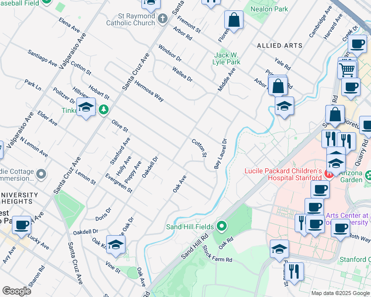 map of restaurants, bars, coffee shops, grocery stores, and more near 1481 Middle Avenue in Menlo Park
