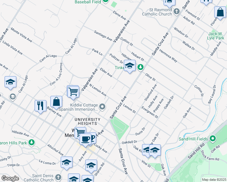 map of restaurants, bars, coffee shops, grocery stores, and more near 1224 Whitaker Way in Menlo Park