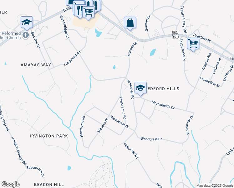 map of restaurants, bars, coffee shops, grocery stores, and more near 2201 Mimosa Drive in Lynchburg