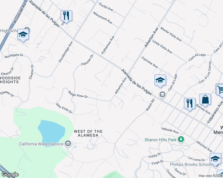 map of restaurants, bars, coffee shops, grocery stores, and more near 370 Atherton Avenue in Atherton