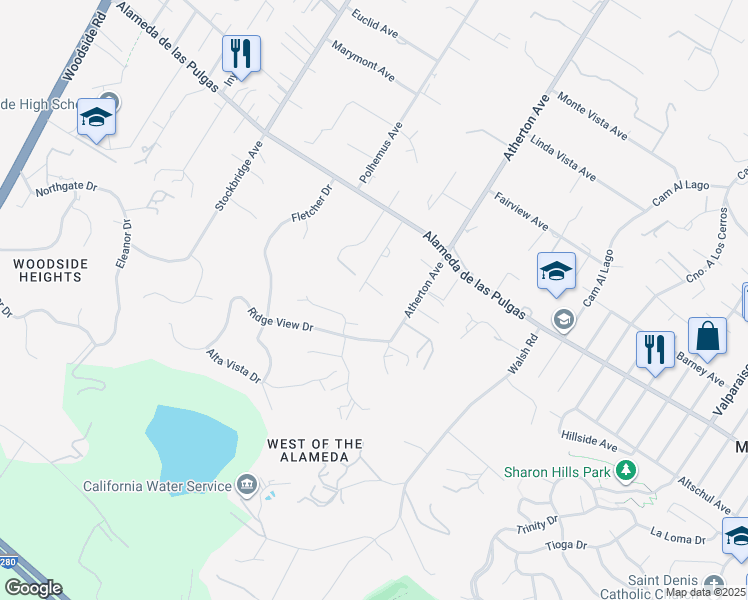 map of restaurants, bars, coffee shops, grocery stores, and more near 91 Mandarin Way in Atherton