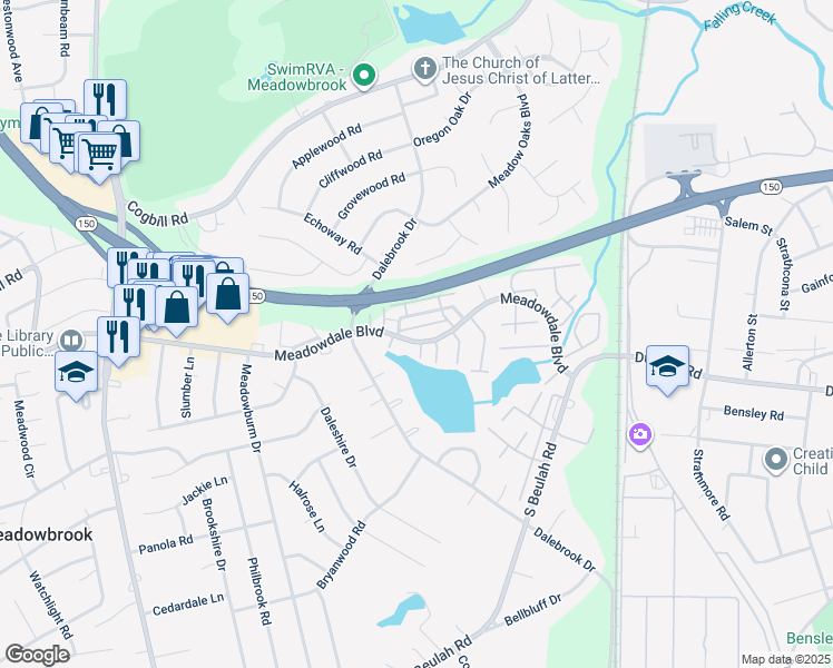 map of restaurants, bars, coffee shops, grocery stores, and more near 3628 Meadowdale Boulevard in Richmond