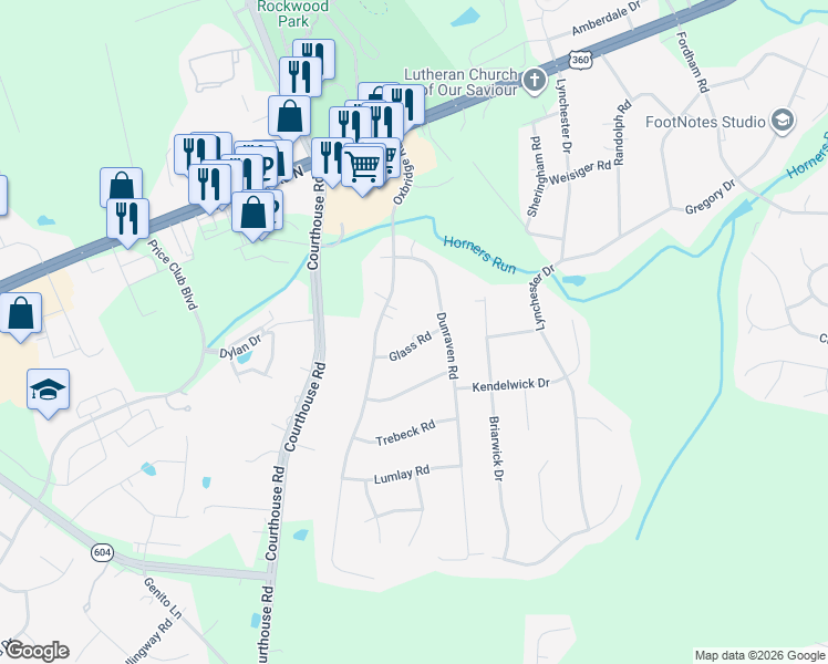 map of restaurants, bars, coffee shops, grocery stores, and more near 9900 Glass Road in Richmond
