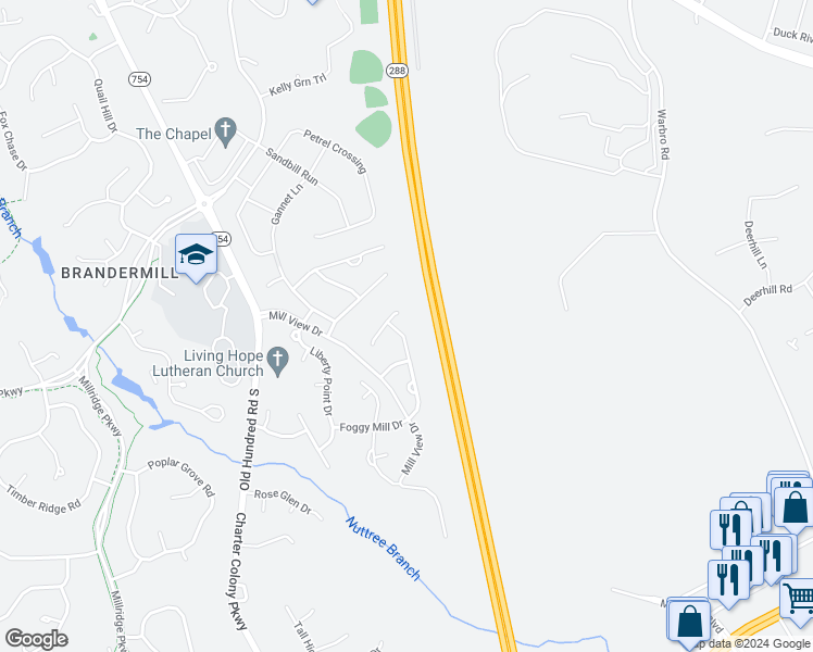 map of restaurants, bars, coffee shops, grocery stores, and more near 3807 Waterwheel Drive in Midlothian