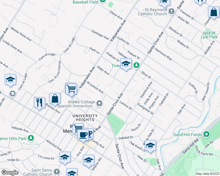 map of restaurants, bars, coffee shops, grocery stores, and more near 1224 Whitaker Way in Menlo Park