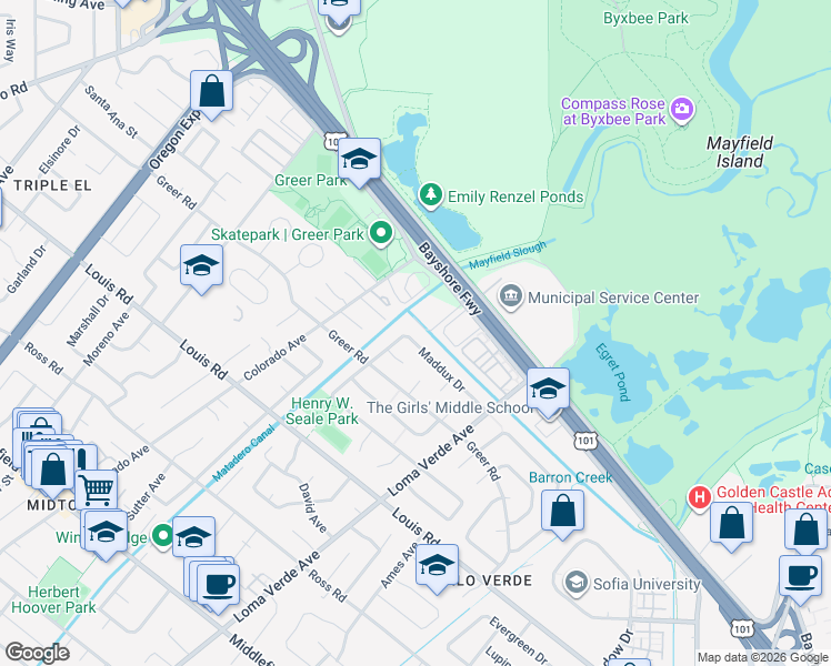 map of restaurants, bars, coffee shops, grocery stores, and more near 3109 Maddux Drive in Palo Alto