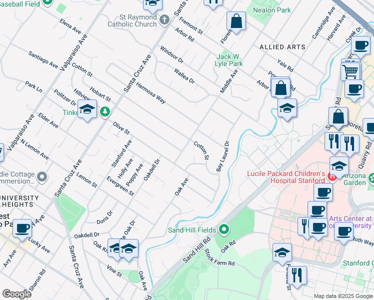 map of restaurants, bars, coffee shops, grocery stores, and more near 1481 Middle Avenue in Menlo Park