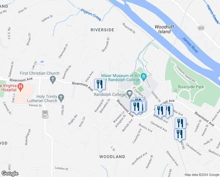 map of restaurants, bars, coffee shops, grocery stores, and more near 145 North Princeton Circle in Lynchburg