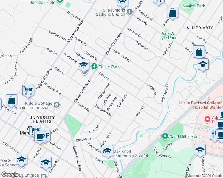 map of restaurants, bars, coffee shops, grocery stores, and more near 800 Magnolia Street in Menlo Park