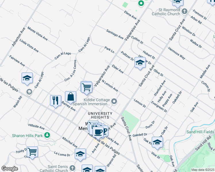 map of restaurants, bars, coffee shops, grocery stores, and more near 1351 North Lemon Avenue in Menlo Park