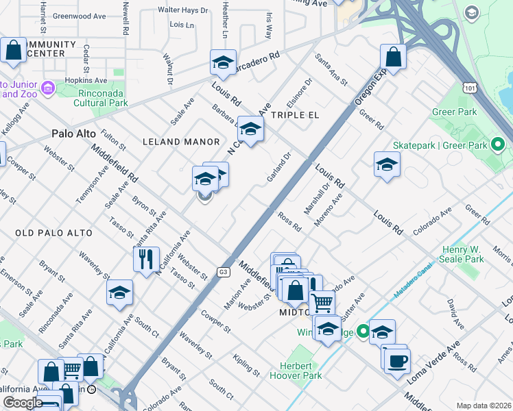 map of restaurants, bars, coffee shops, grocery stores, and more near 2350 Ross Road in Palo Alto