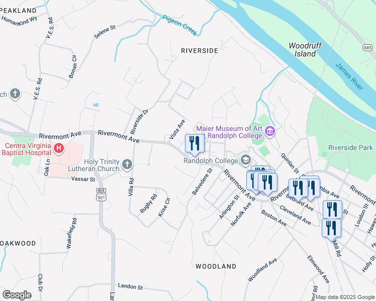 map of restaurants, bars, coffee shops, grocery stores, and more near 2934 Rivermont Avenue in Lynchburg