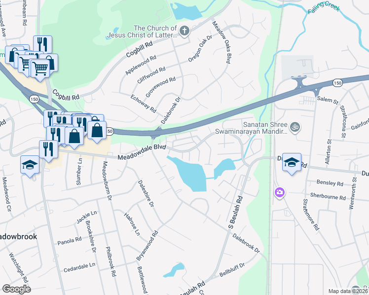 map of restaurants, bars, coffee shops, grocery stores, and more near 3618 Meadowdale Boulevard in Richmond