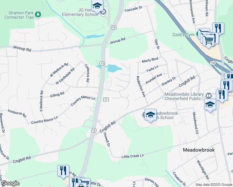map of restaurants, bars, coffee shops, grocery stores, and more near 5903 Lakemere Drive in Richmond