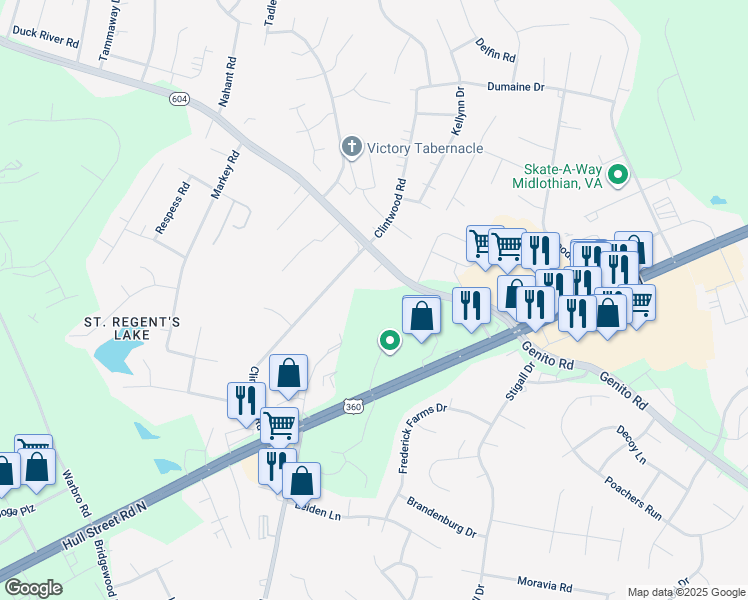 map of restaurants, bars, coffee shops, grocery stores, and more near 11511 Genito Road in Midlothian