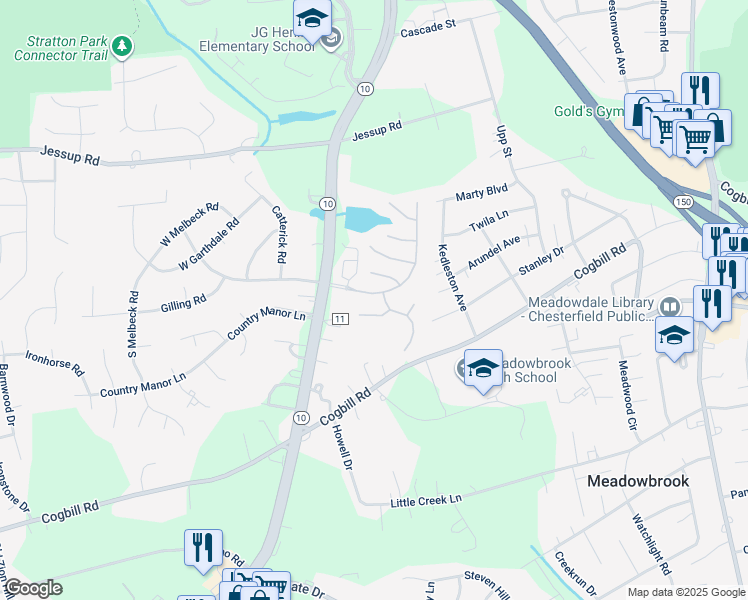 map of restaurants, bars, coffee shops, grocery stores, and more near 5903 Lakemere Drive in Richmond