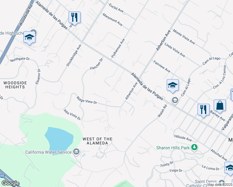 map of restaurants, bars, coffee shops, grocery stores, and more near 91 Mandarin Way in Atherton